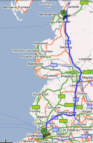 The route from Liverpool to Lancaster