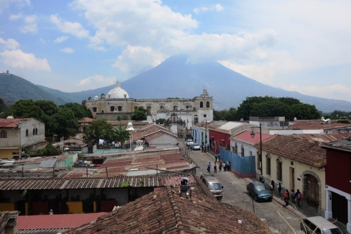 Agua Volcano as seen from Antigua on a blue sky day.