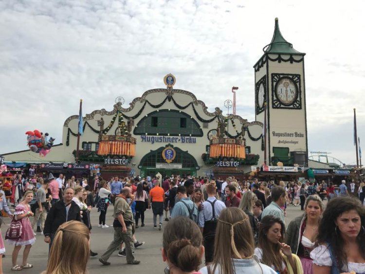 augustiner beer tent entrance from outside oktoberfest in munich germany