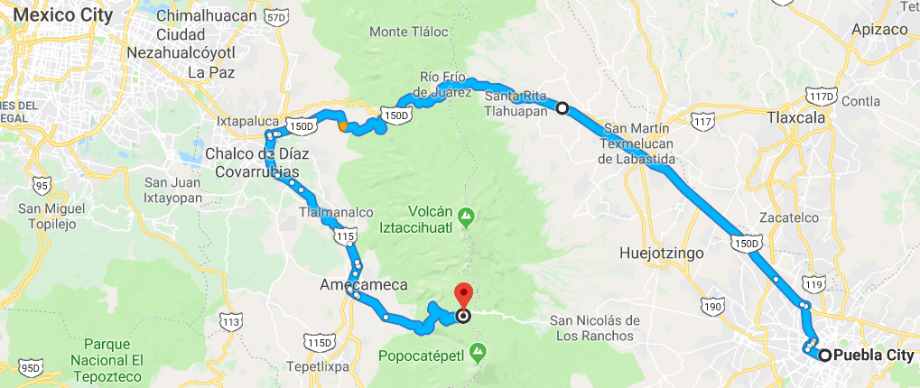 Map from Puebla to Iztaccihuatl