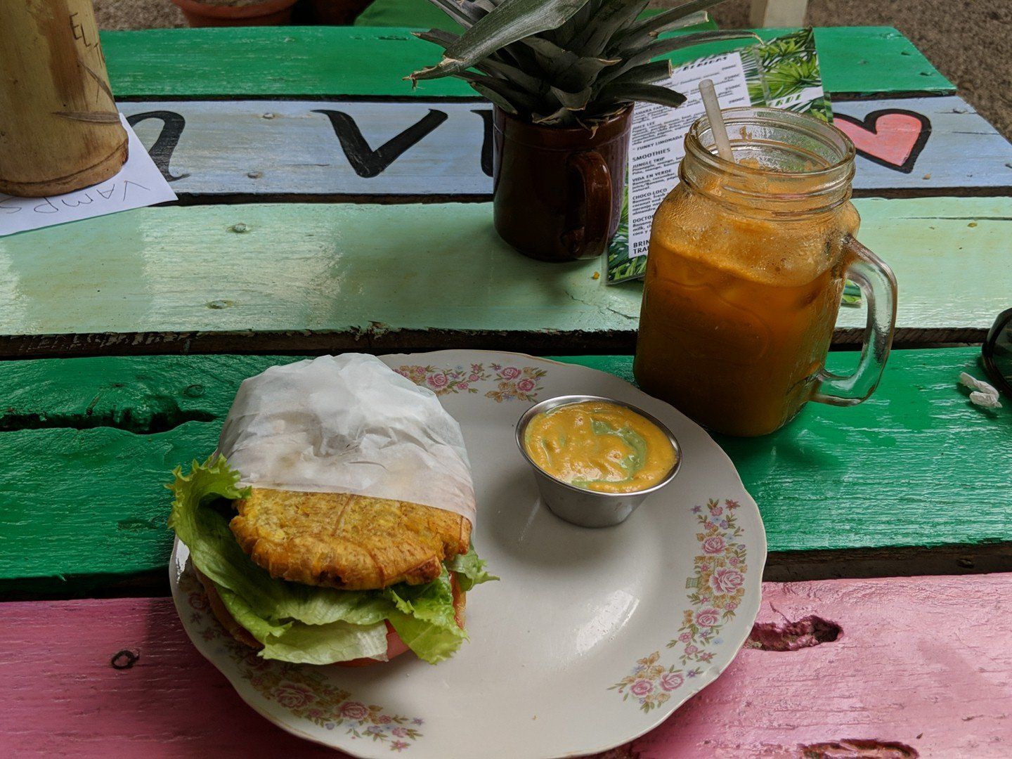 A sandwich on plantain "bread" at El Tigre Verde