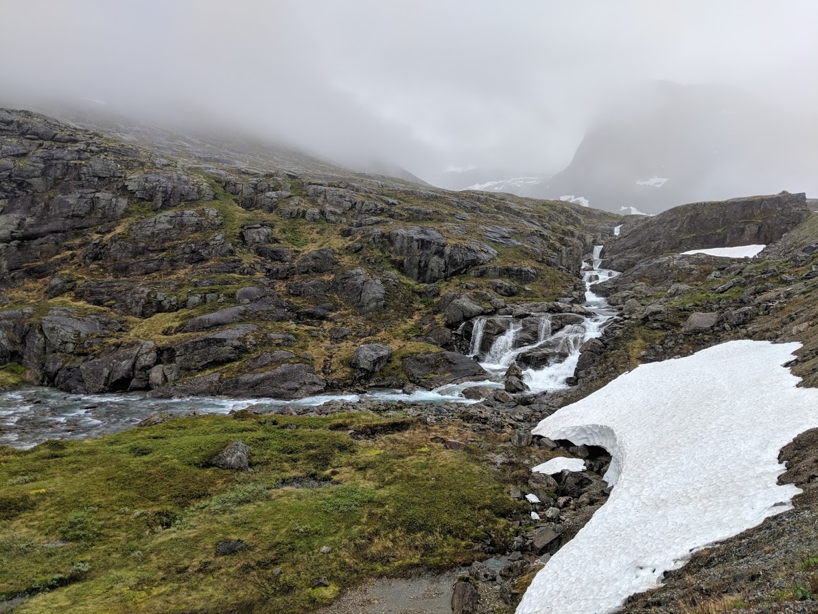 snowpack in the mountains of geiranger norway