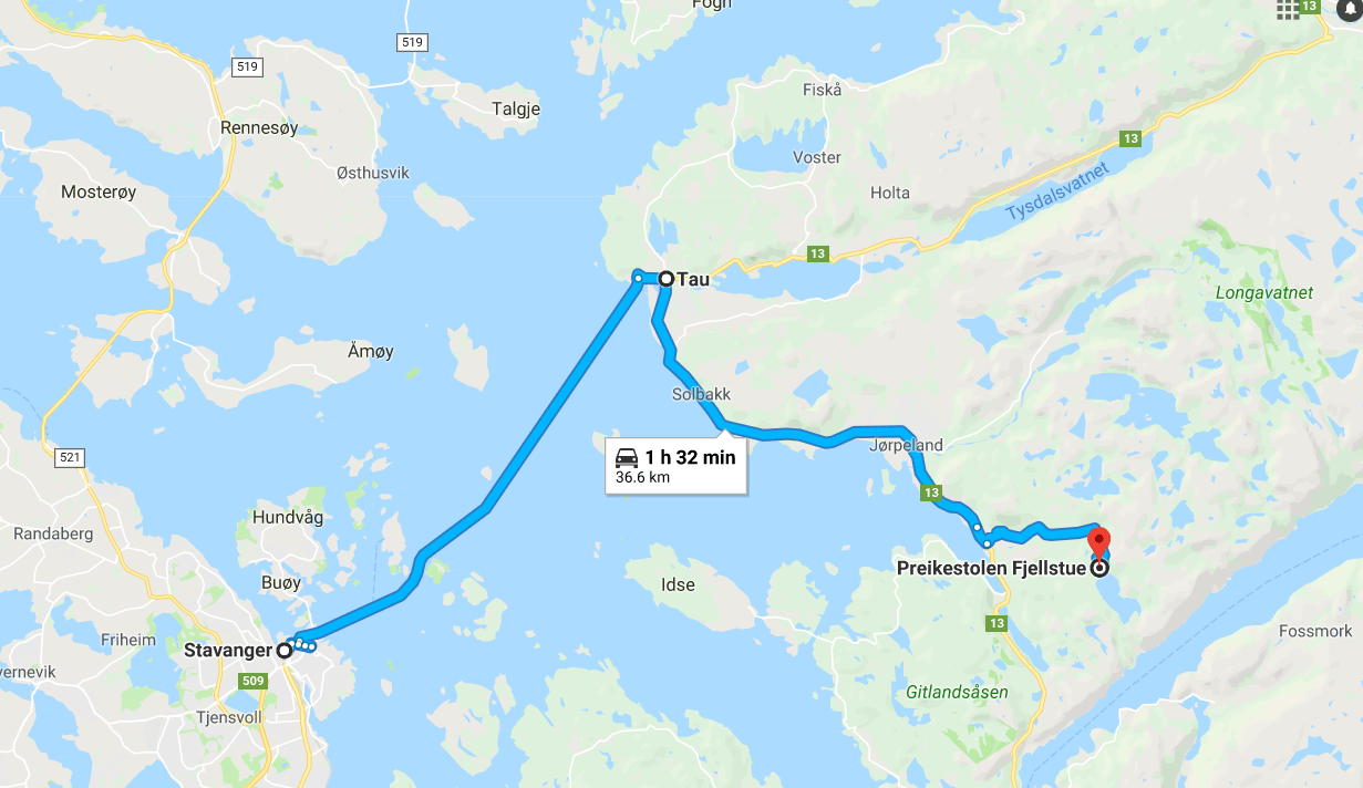 Map from Stavanger to Preikestolen