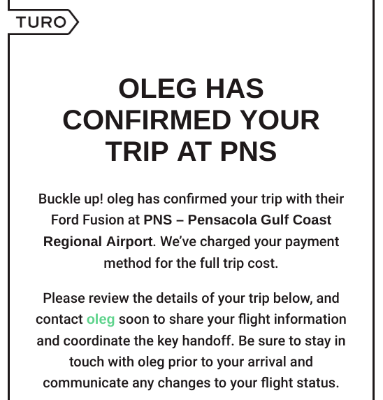 Turo Car Rental Confirmation