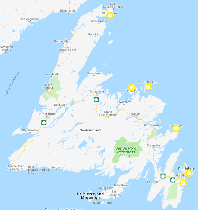 map of newfoundland with popular viewing spots labeled