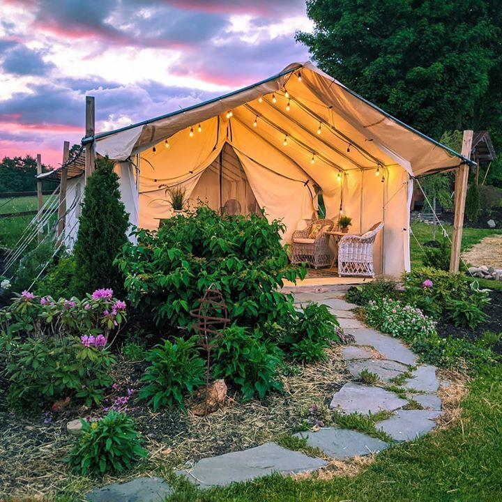 safari tent at sunset