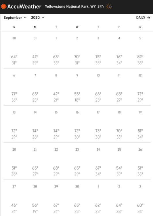 weather calendar for yellowstone in september