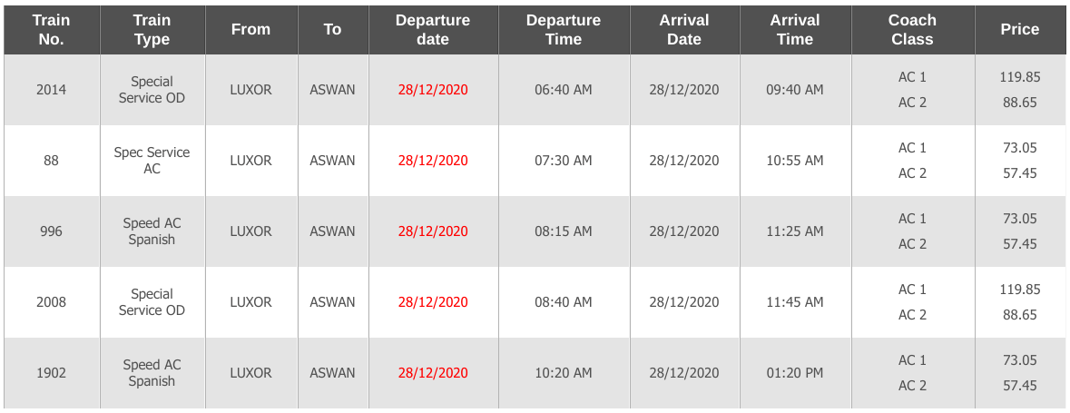 luxor to aswan train schedules