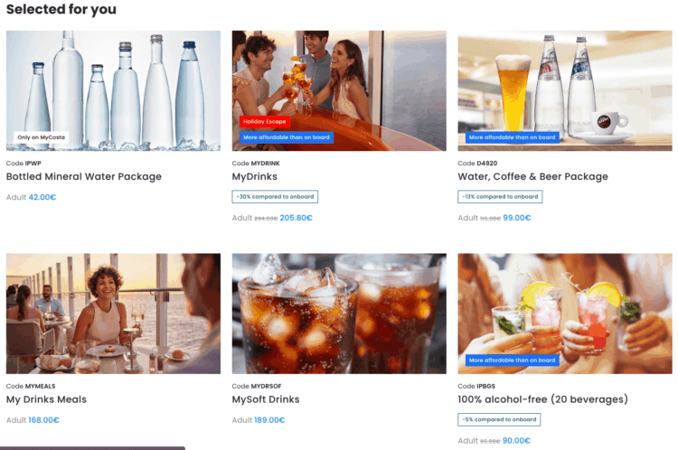 Costa cruise drink package menu screenshot