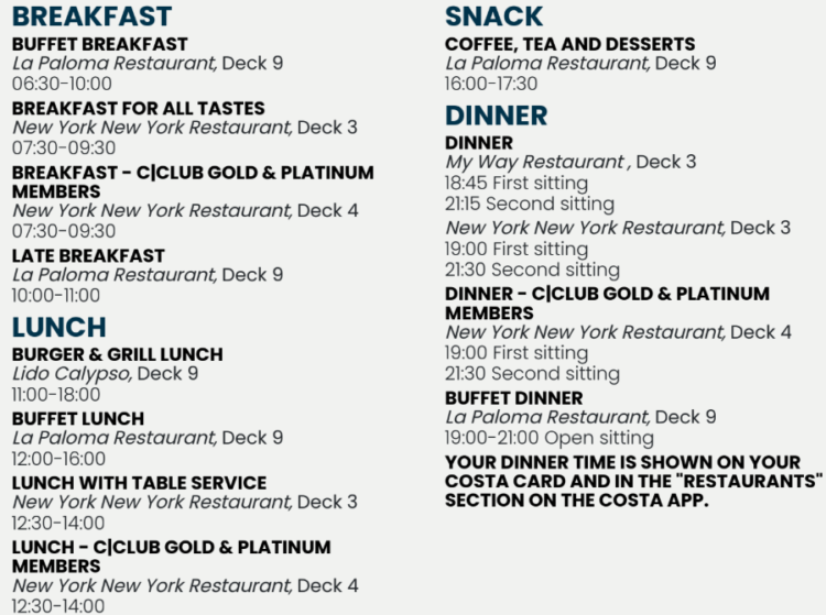 Costa pacifica restaurant hours