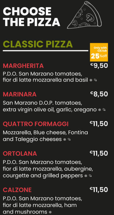 photo of the Costa Pacifica pizzeria menu with prices