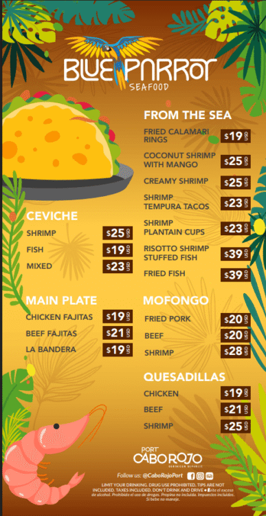 restaurant menu, including prices for ceviche, quesadillas, and other seafood